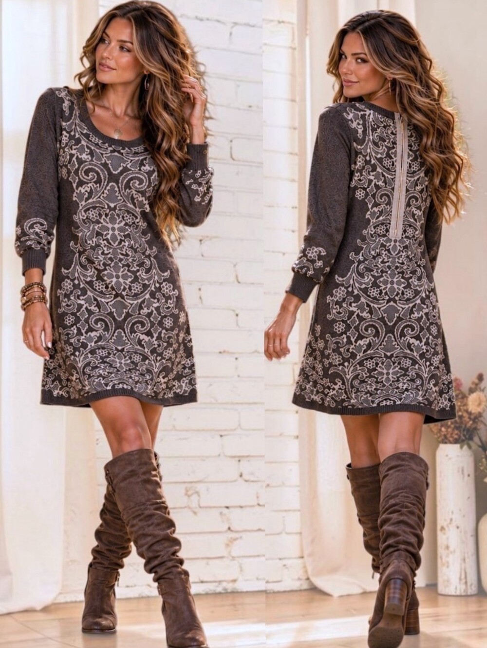 Athleta Duluth Whimsigoth L Sweater Dress Brown Jacquard Boho Fall Zip Back Chic